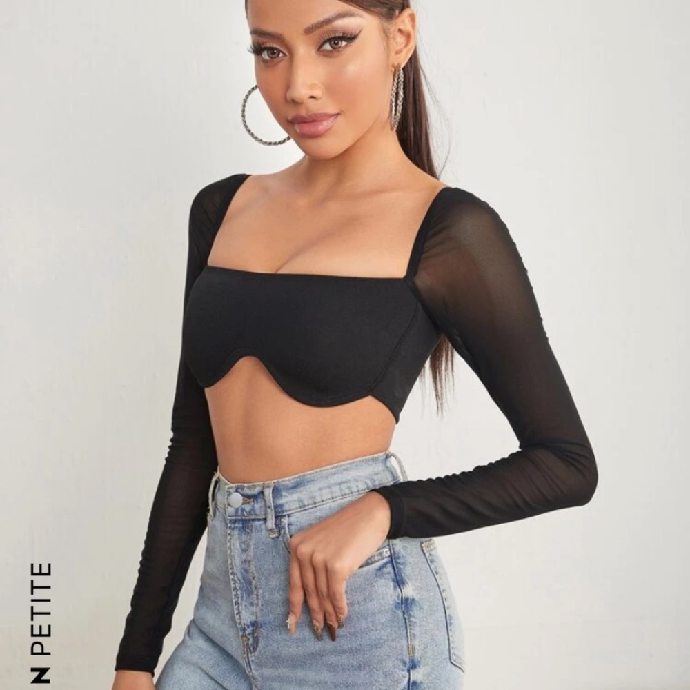 NWOT petite medium Square Neck Sheer Mesh Sleeve Asymmetrical Hem Top